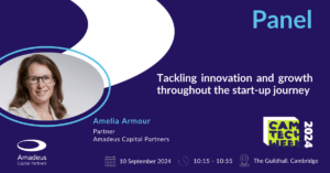 Cambridge Tech Week panel graphic card with details on "Tackling Innovation and Growth Throughout the Start-Up Journey" panel featuring Amadeus Partner, Amelia Armour.