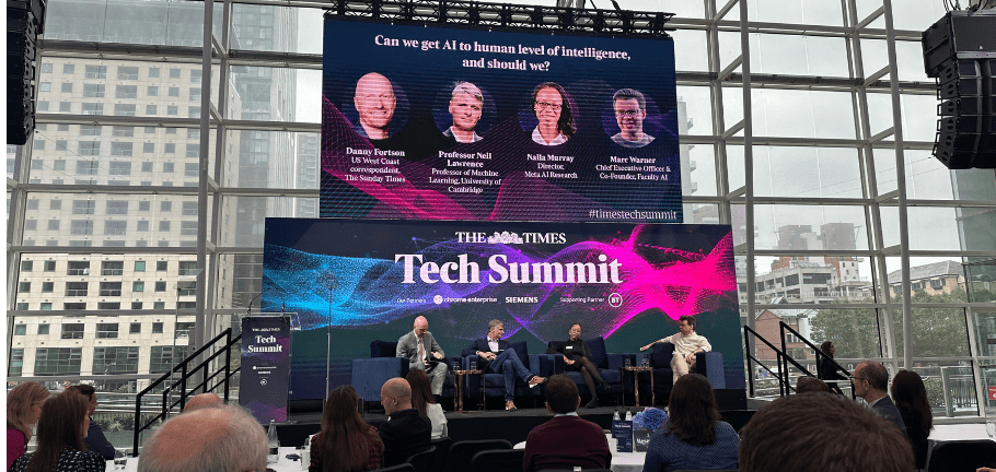 A panel at The Times Tech Summit 2024 moderated by Danny Fortson (US West Coast Correspondent) and featuring Professor Neil Lawrence (Professor of Machine Learning, Cambridge University), Naila Murray (Director, Meta AI Research), and Marc Warner (CEO and co-founder, Faculty AI).