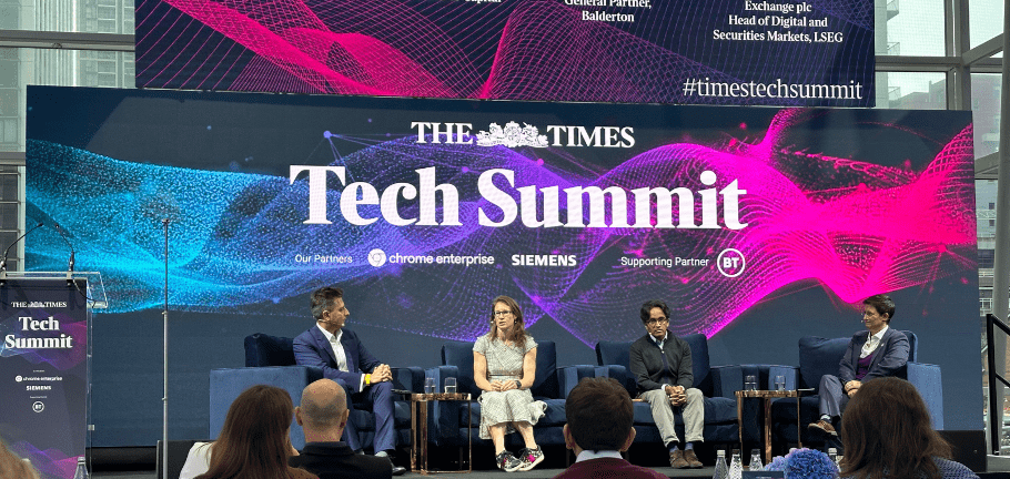 Left to right, Oliver Shah (Associate Editor, The Sunday Times) moderating a discussion between Amelia Armour (Partner at Amadeus), Suranga Chandratillake (General Partner, Balderton) and Dame Julian Hoggett (CEO of London Stock Exchange) at The Times Tech Summit 2024.