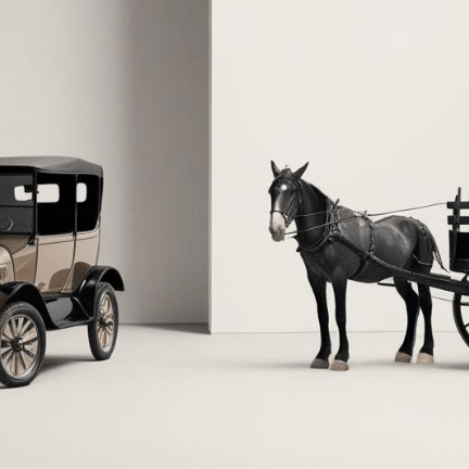 Ford Model T alongside a Horse and Cart. Used as an analogy for AI tech adoption.