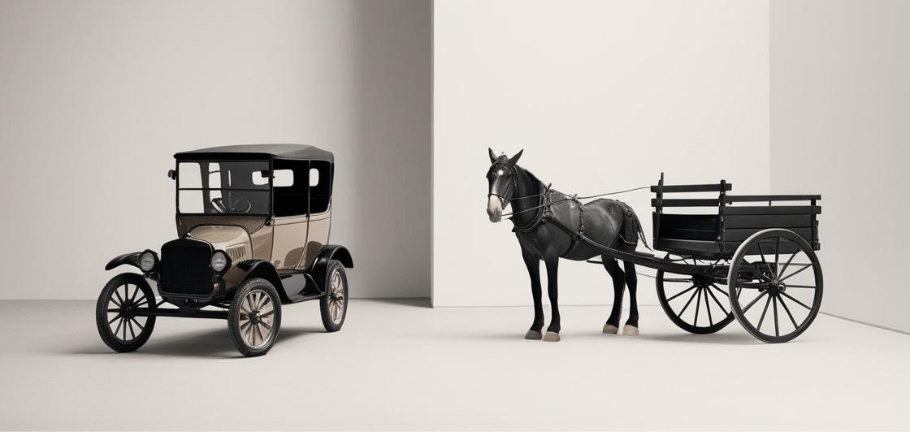 Ford Model T alongside a Horse and Cart. Used as an analogy for AI tech adoption.